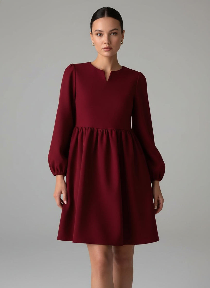 Maroon Puff Sleeve A-Line Dress