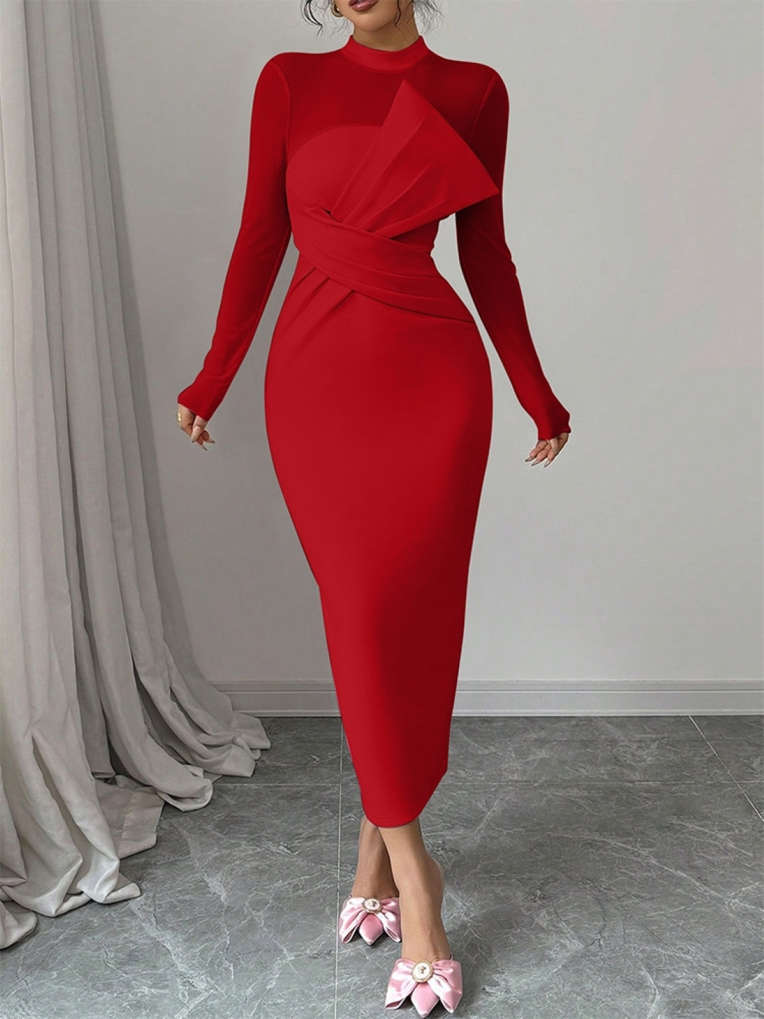 Red High Neck Solid Long Sleeves Midi Bodycon Polyester Dress