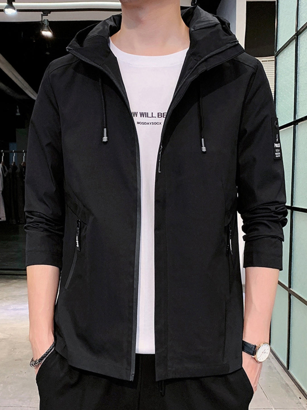 Black Hooded Long Sleeves Solid Polyester Open Front Jacket