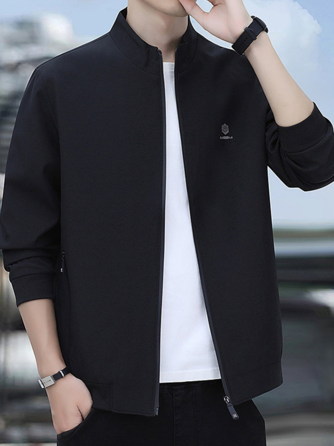 Black Spread Collar Long Sleeves Printed Polyester Open Front Jacket