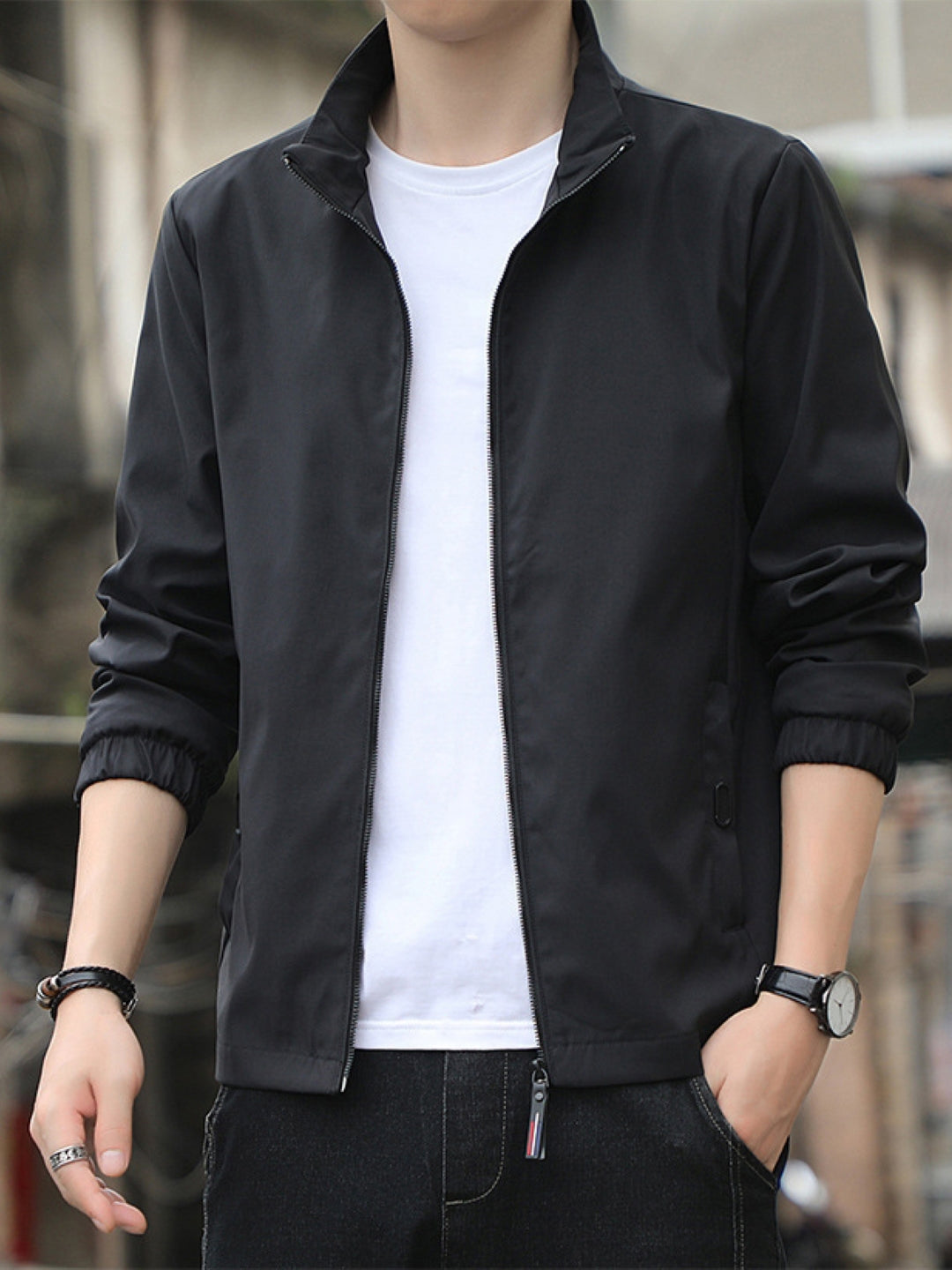 Black Mock Collar Long Sleeves Solid Polyester Open Front Jacket