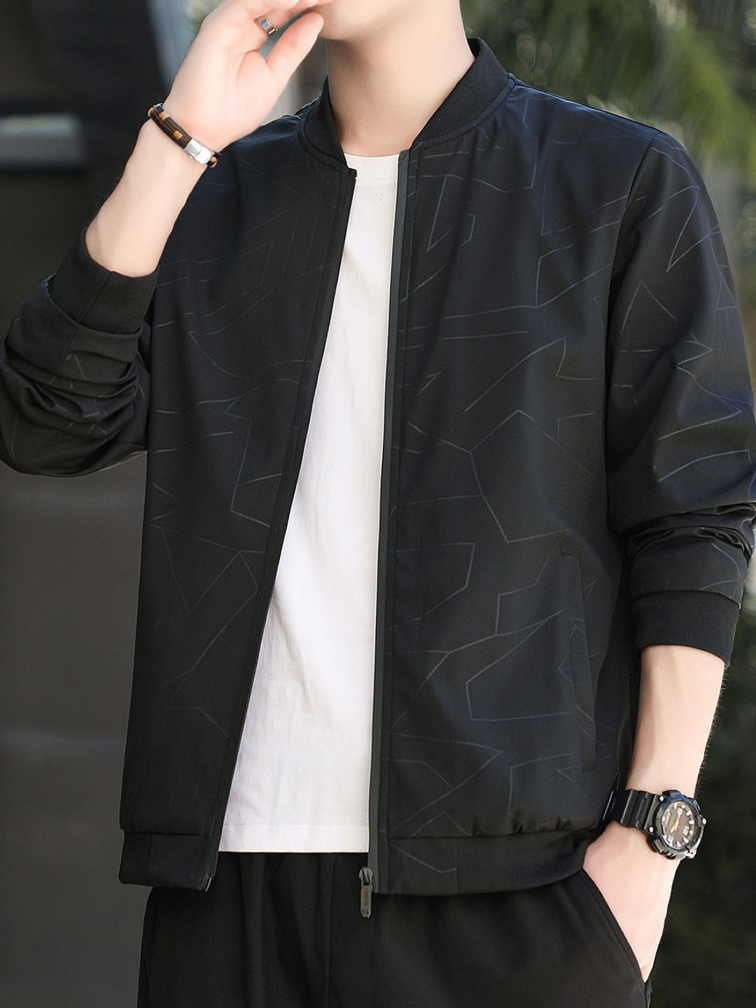 Black Stand Collar Long Sleeves Printed Polyester Open Front Jacket