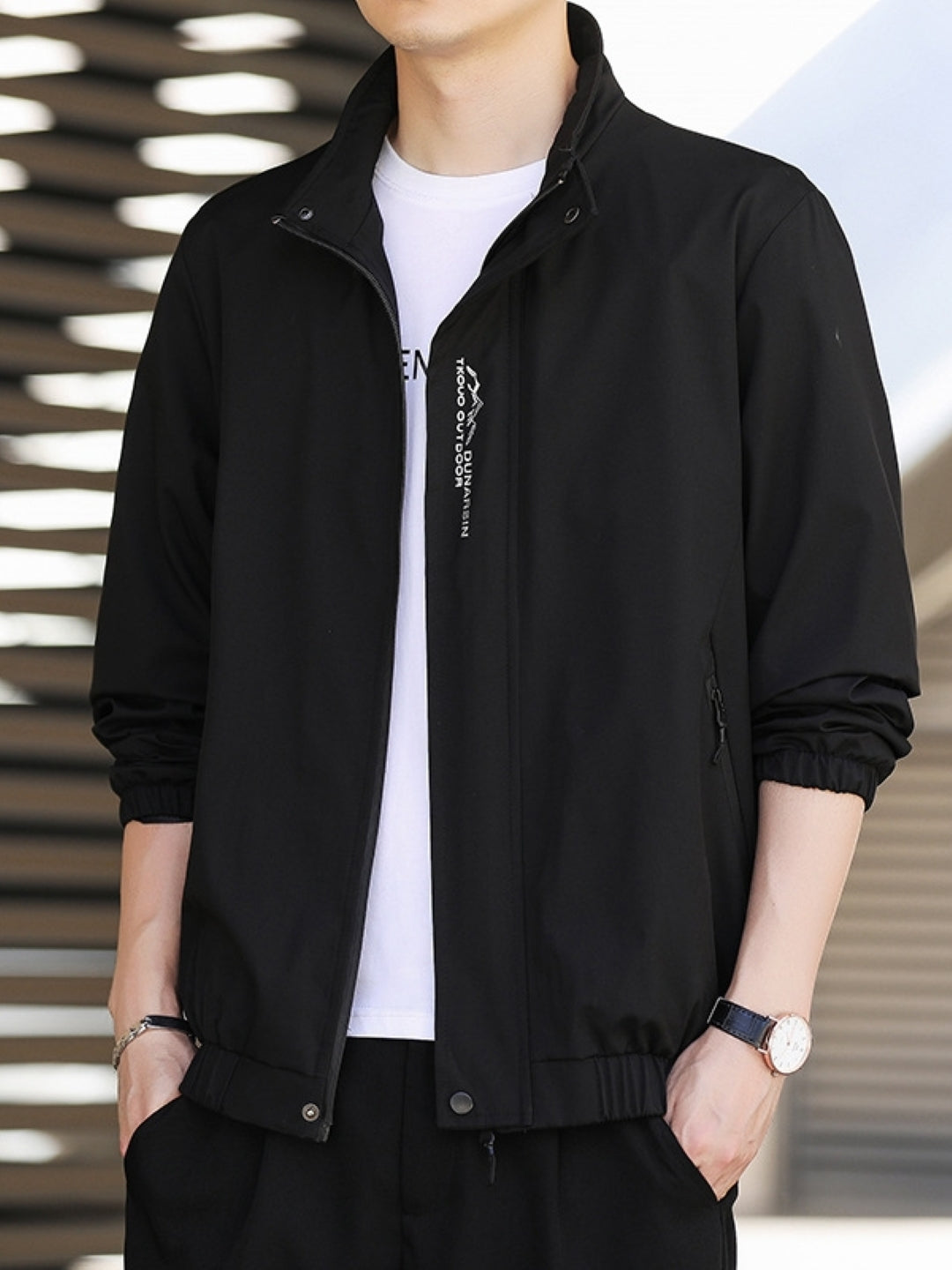 Black Mock Collar Long Sleeves Printed Polyester Open Front Jacket