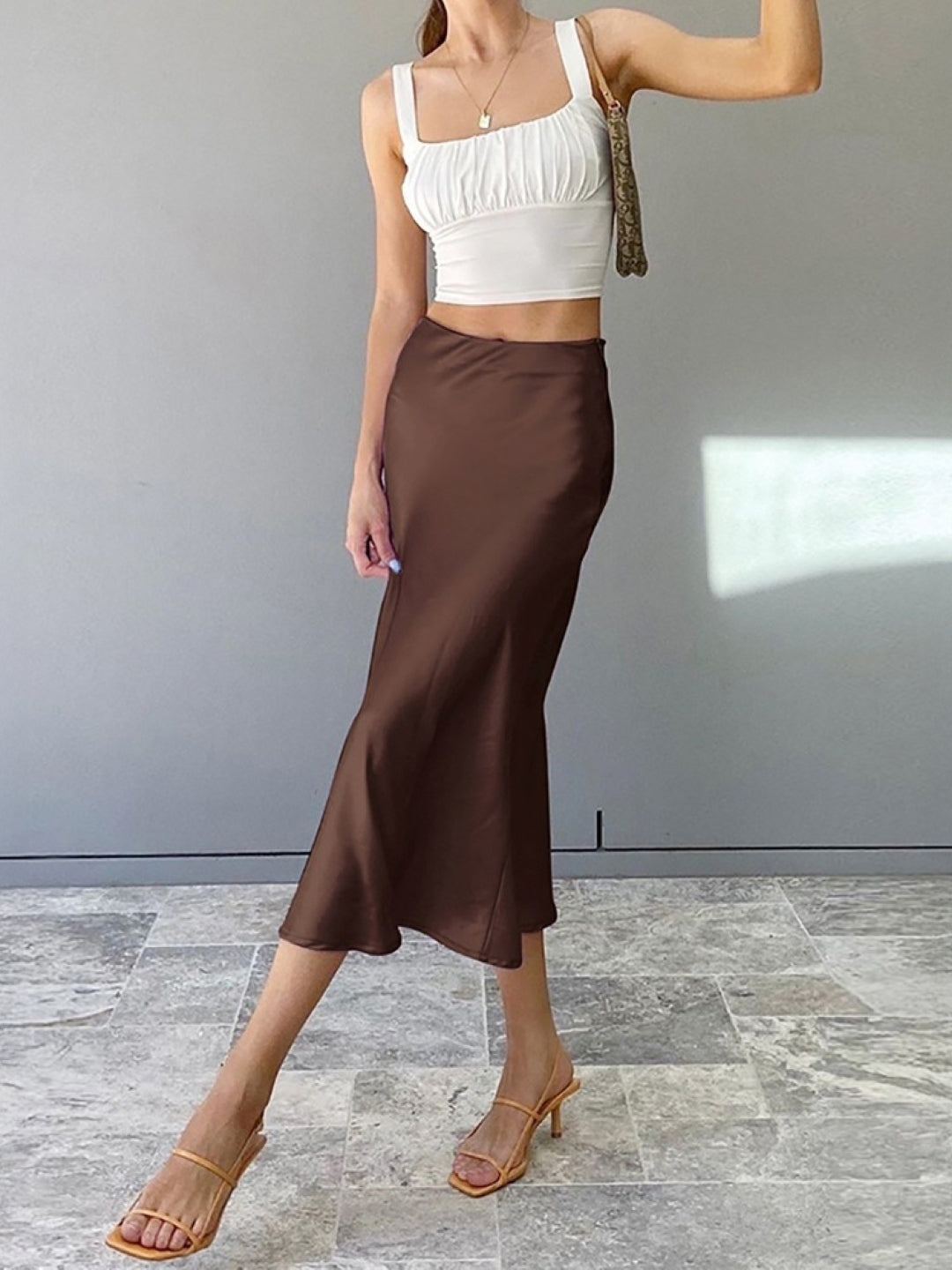Brown Solid Midi Polyester Skirt