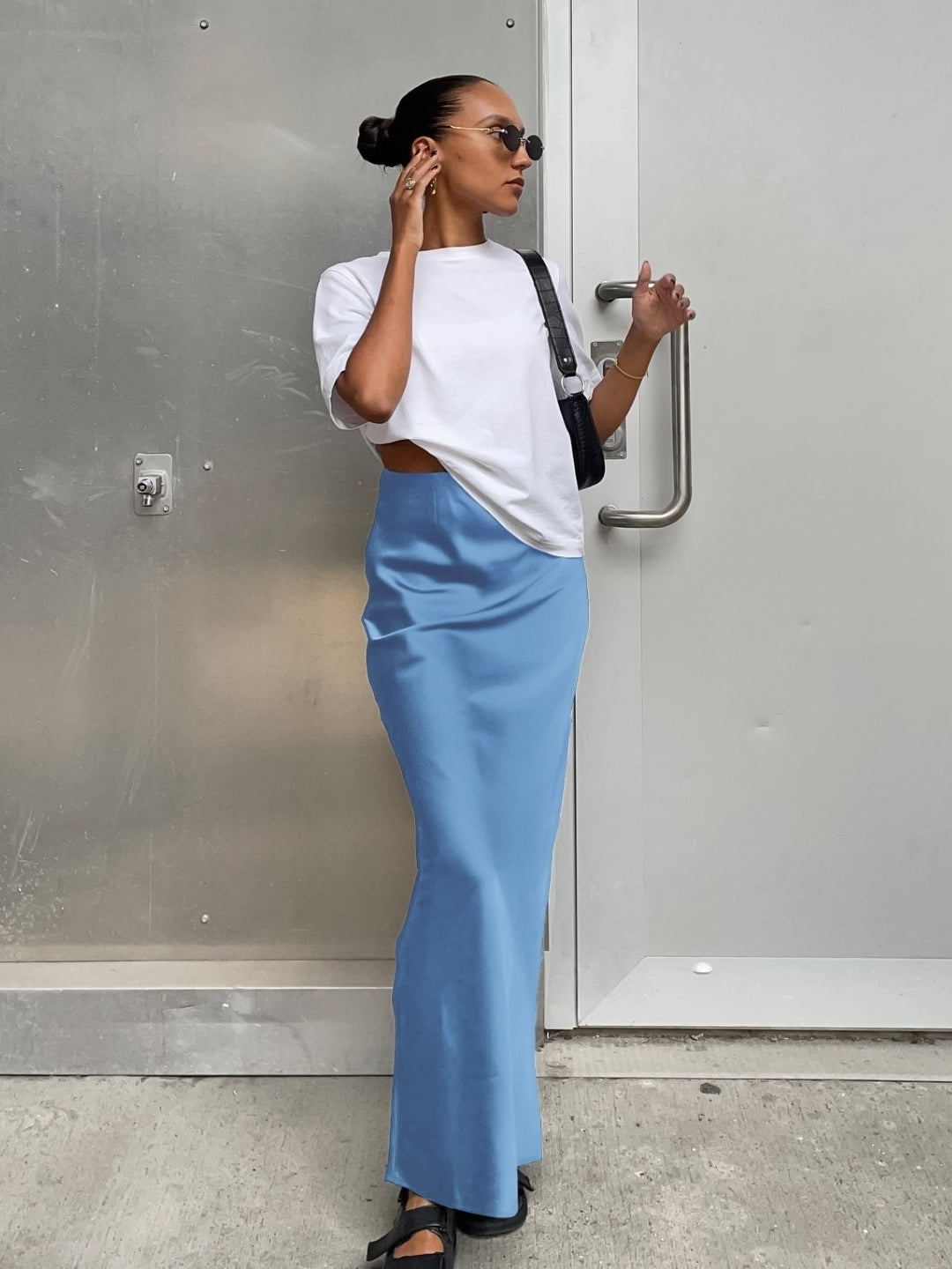Blue Solid Maxi Polyester Skirt