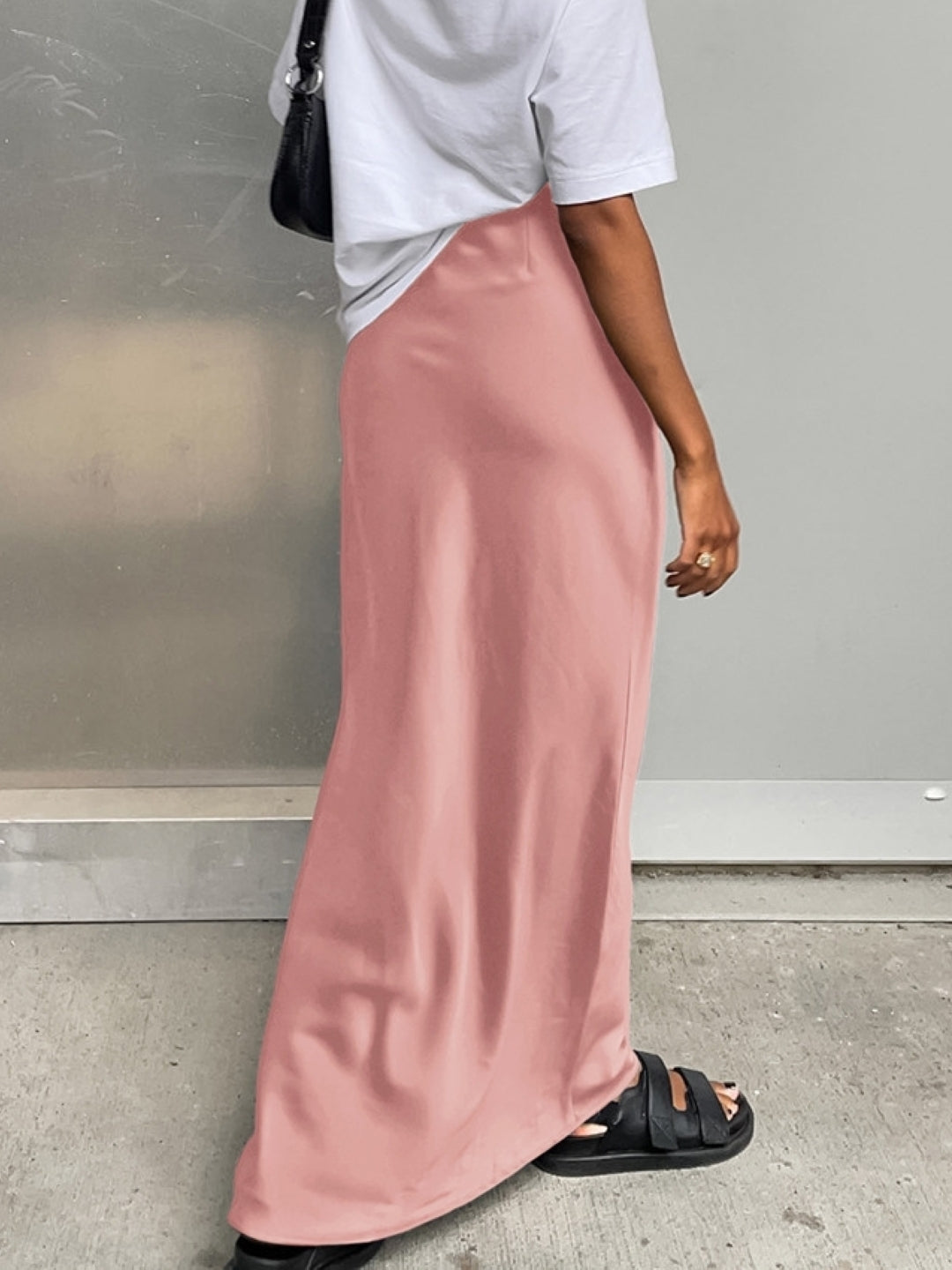 Pink Solid Maxi Polyester Skirt