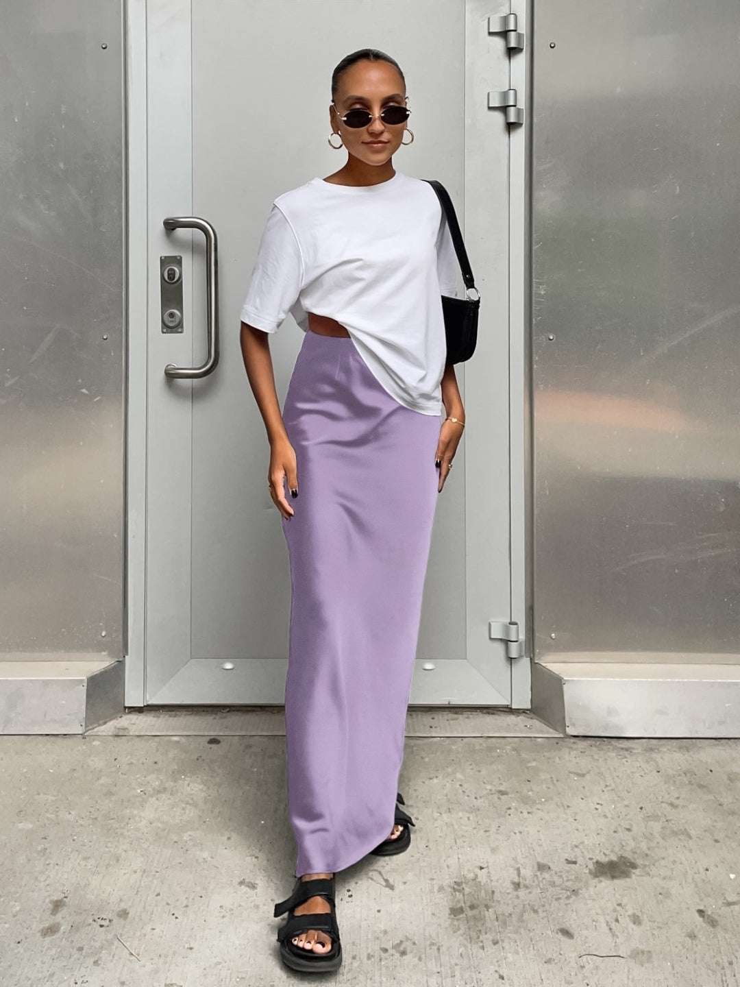 Purple Solid Maxi Polyester Skirt
