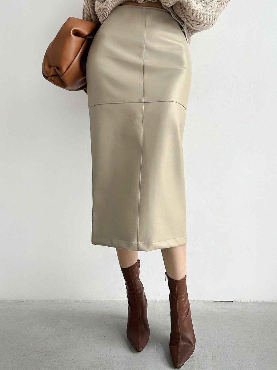 Khaki Solid Midi PU Skirt