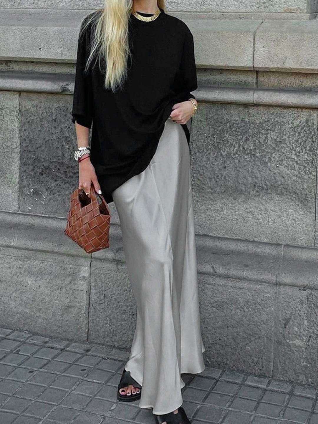 Grey Solid Maxi Polyester Skirt