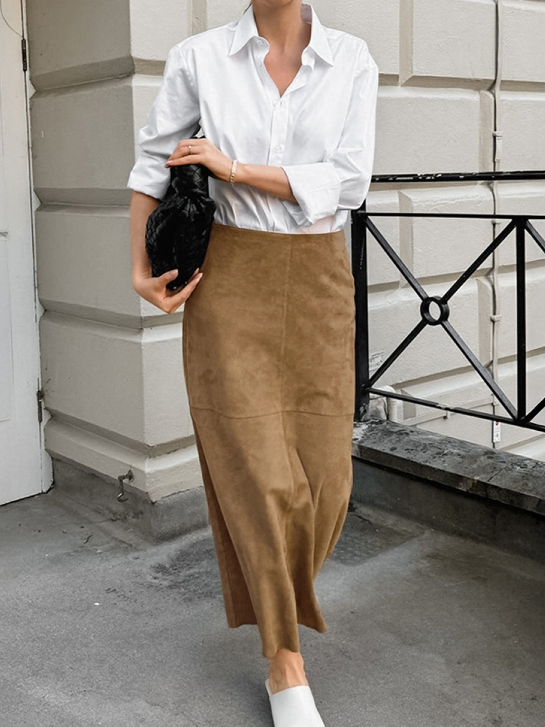Khaki Solid Maxi Polyester Skirt