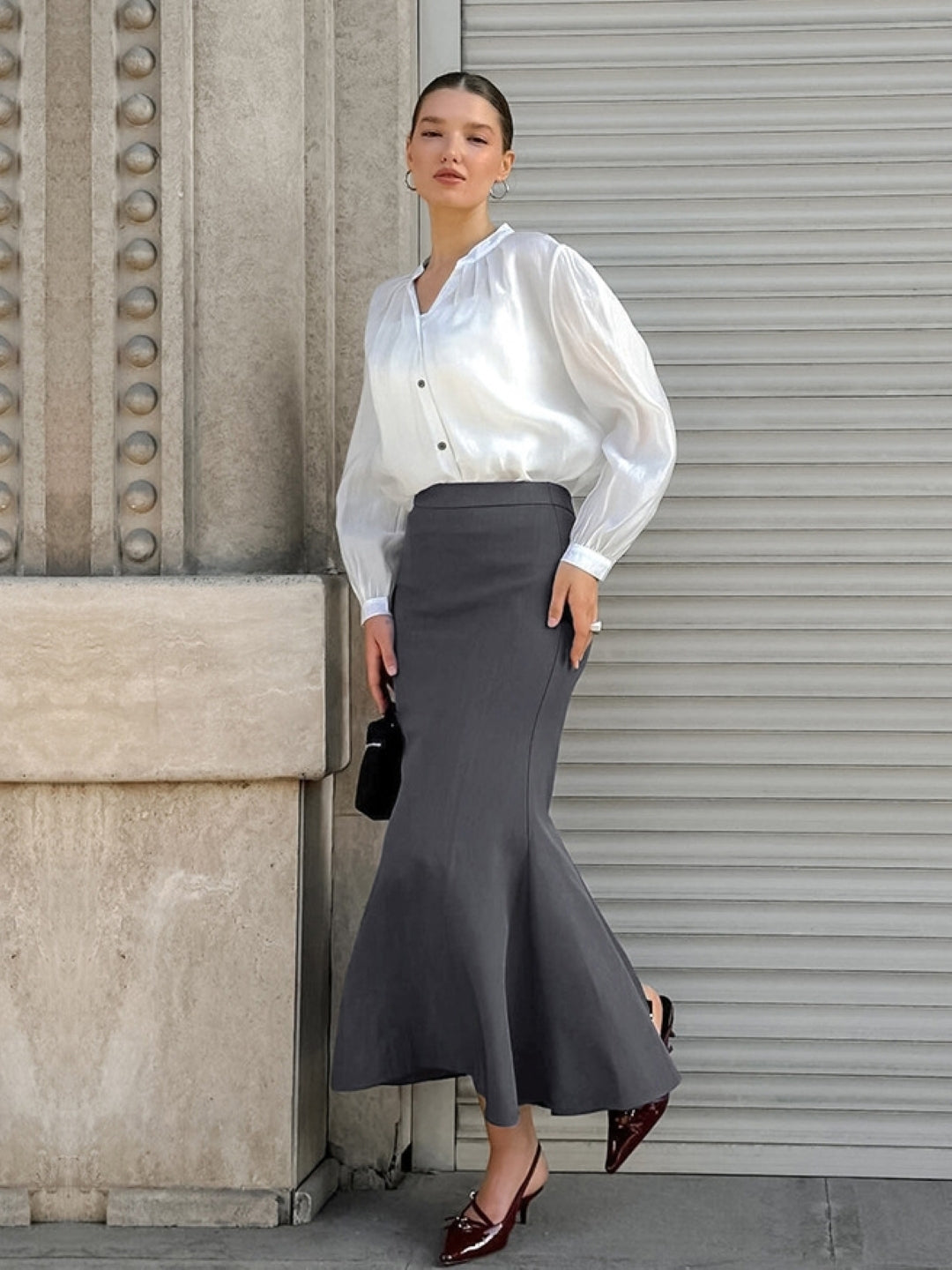 Grey Solid Maxi Polyester Skirt