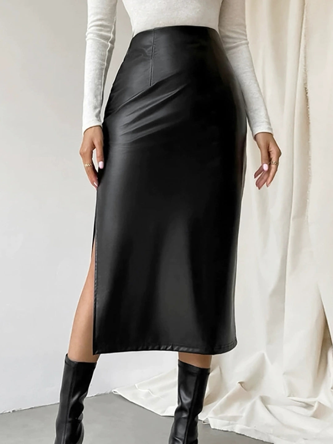 Black Solid Straight PU Skirt