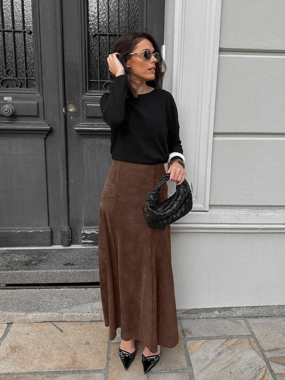 Brown Solid Maxi Polyester Skirt