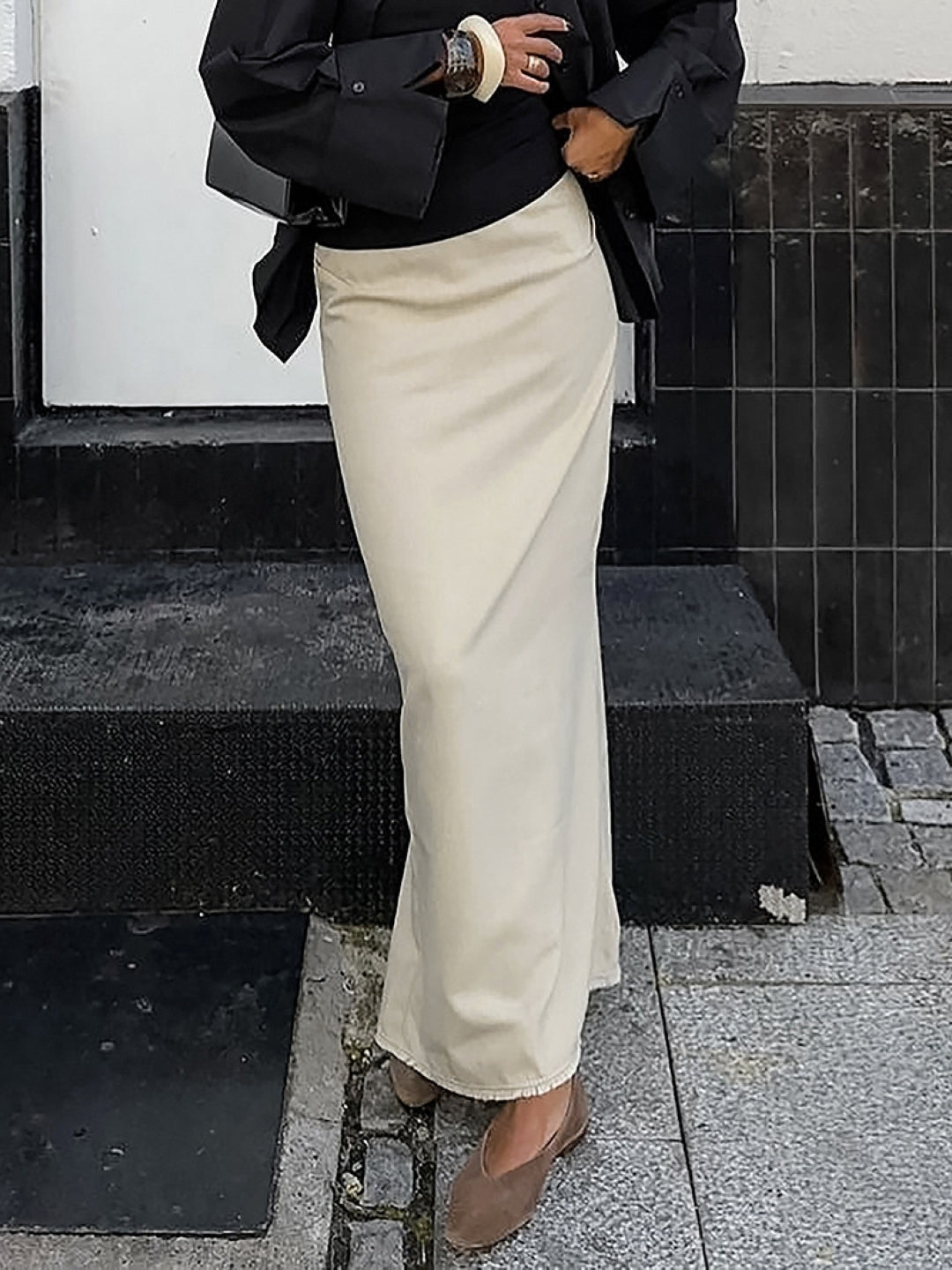 Khaki Solid Maxi Pure Cotton Skirt