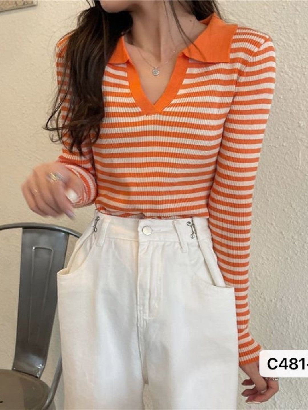 Orange Shirt Collar Long Sleeves Horizontal Stripes Top