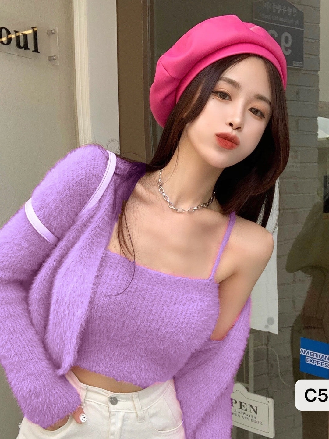 Purple Nylon Shoulder Straps Long Sleeves Solid Top