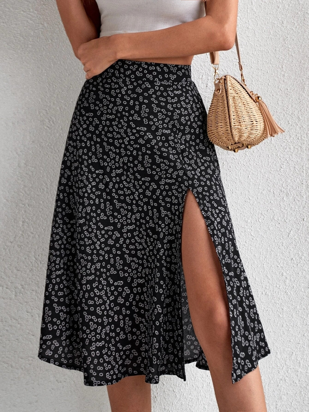 Black Printed Knee Length Polyester Skirt