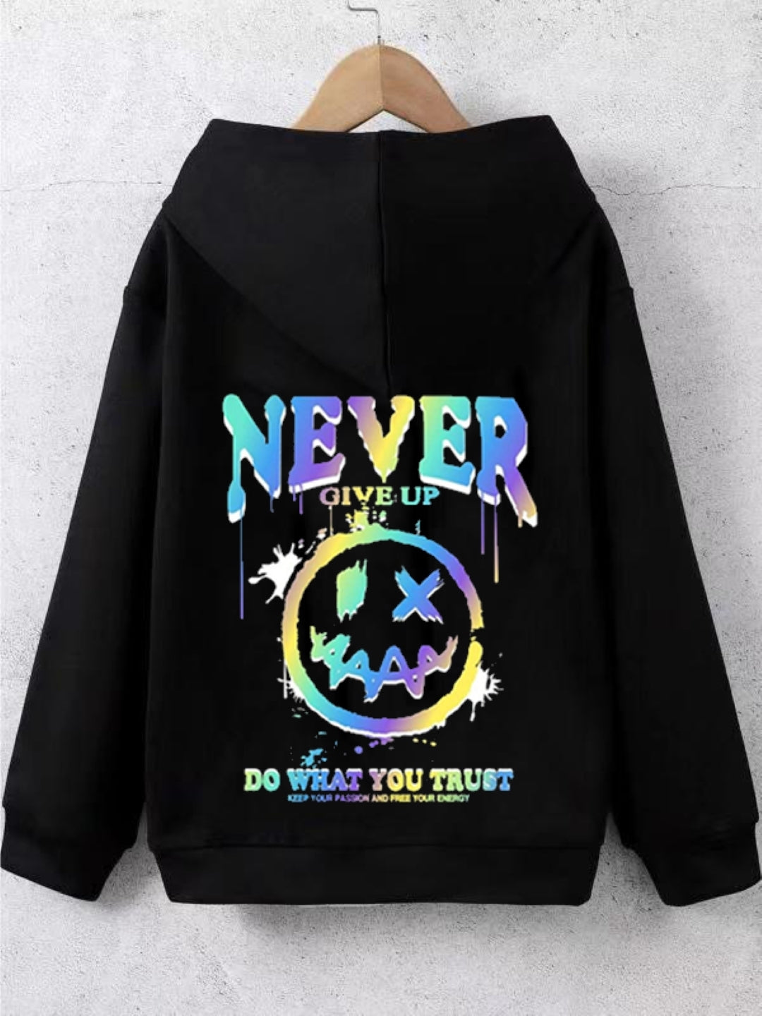 Black Graphics Printed Long Sleeves Polyester Hoodie