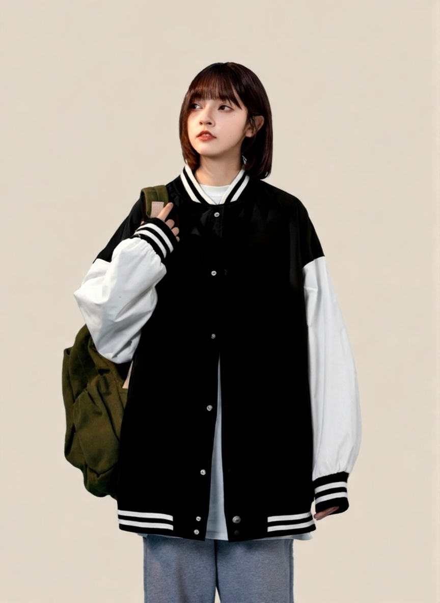 Black Stand Collar Long Sleeves Striped Polyester Open Front Jacket