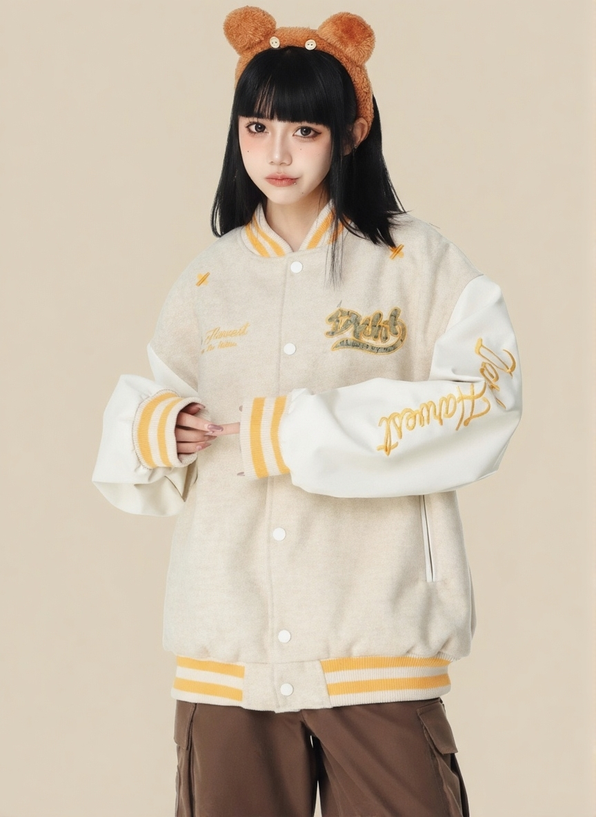 Cream Stand Collar Long Sleeves Printed Polyester Open Front Jacket