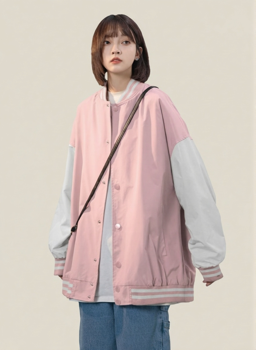 Pink Stand Collar Long Sleeves Striped Polyester Open Front Jacket