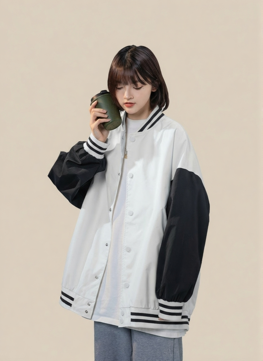 Grey Stand Collar Long Sleeves Striped Polyester Open Front Jacket