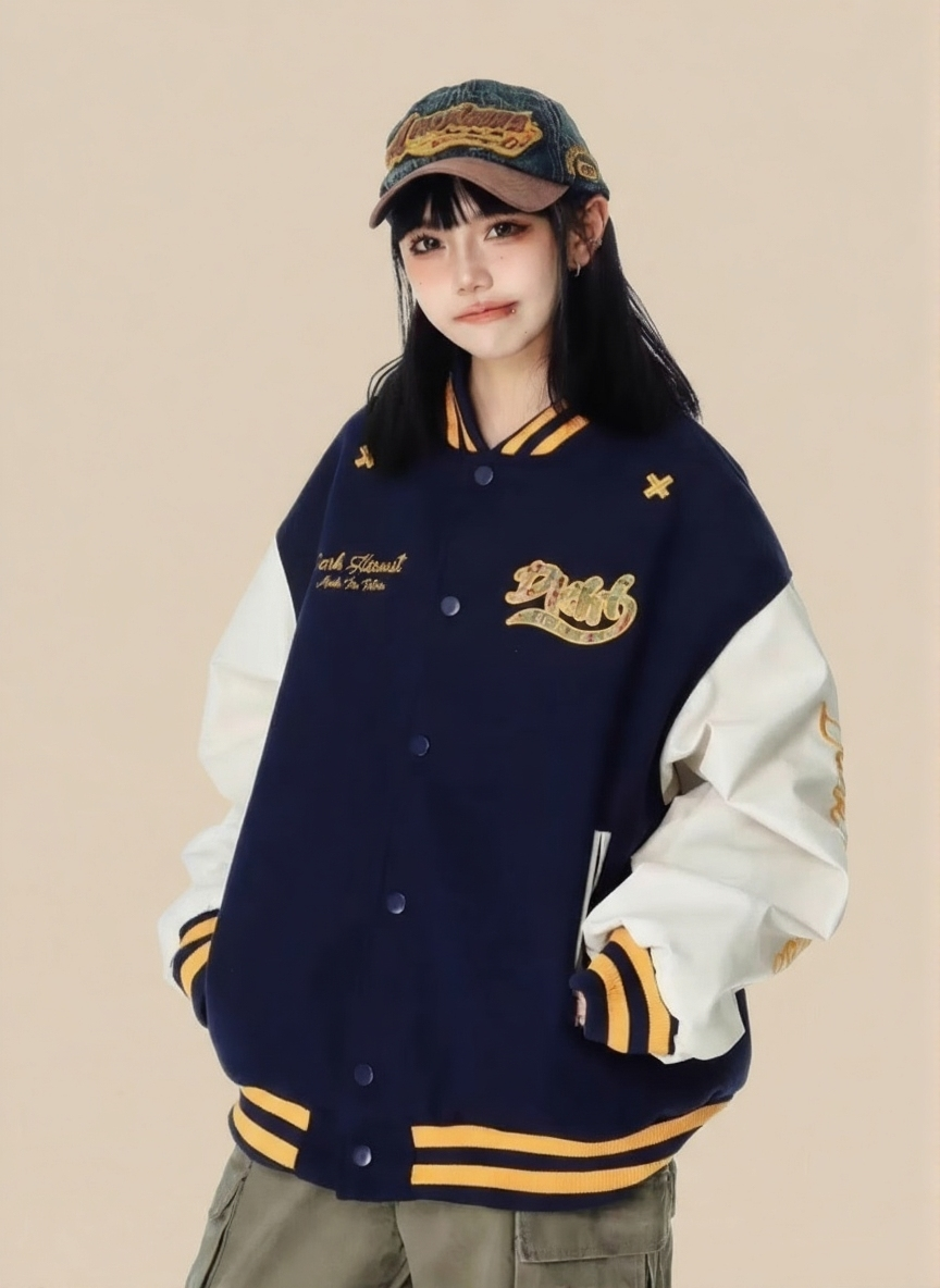 Navy Blue Stand Collar Long Sleeves Printed Polyester Open Front Jacket