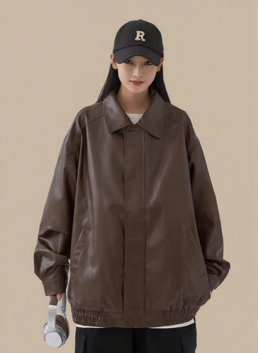 Brown Spread Collar Long Sleeves Solid Polyester Open Front Jacket