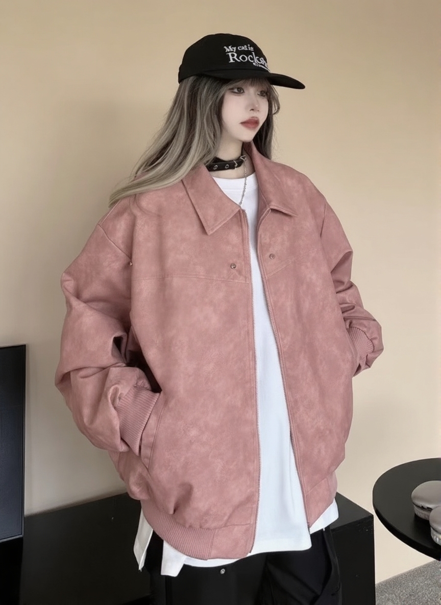 Pink Spread Collar Long Sleeves Printed Polyester Open Front Jacket