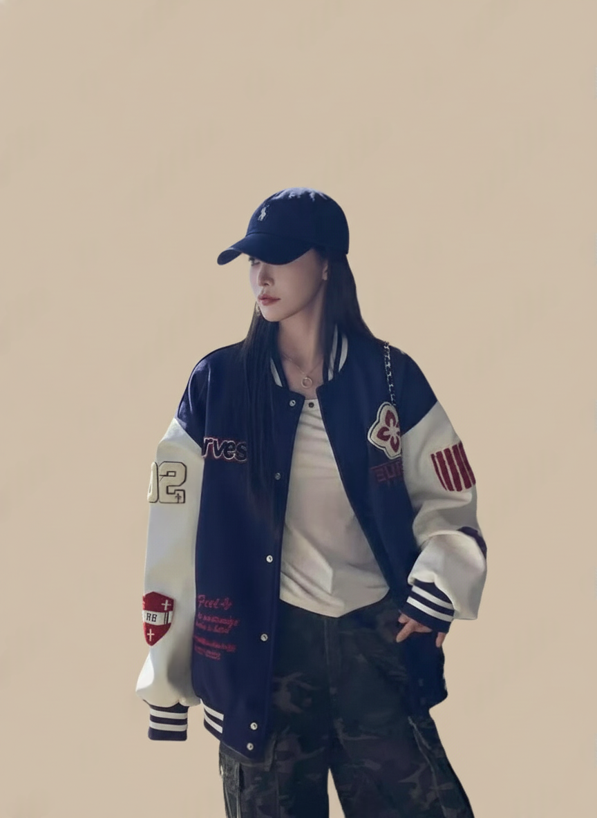 Navy Blue Stand Collar Long Sleeves Printed Polyester Open Front Jacket