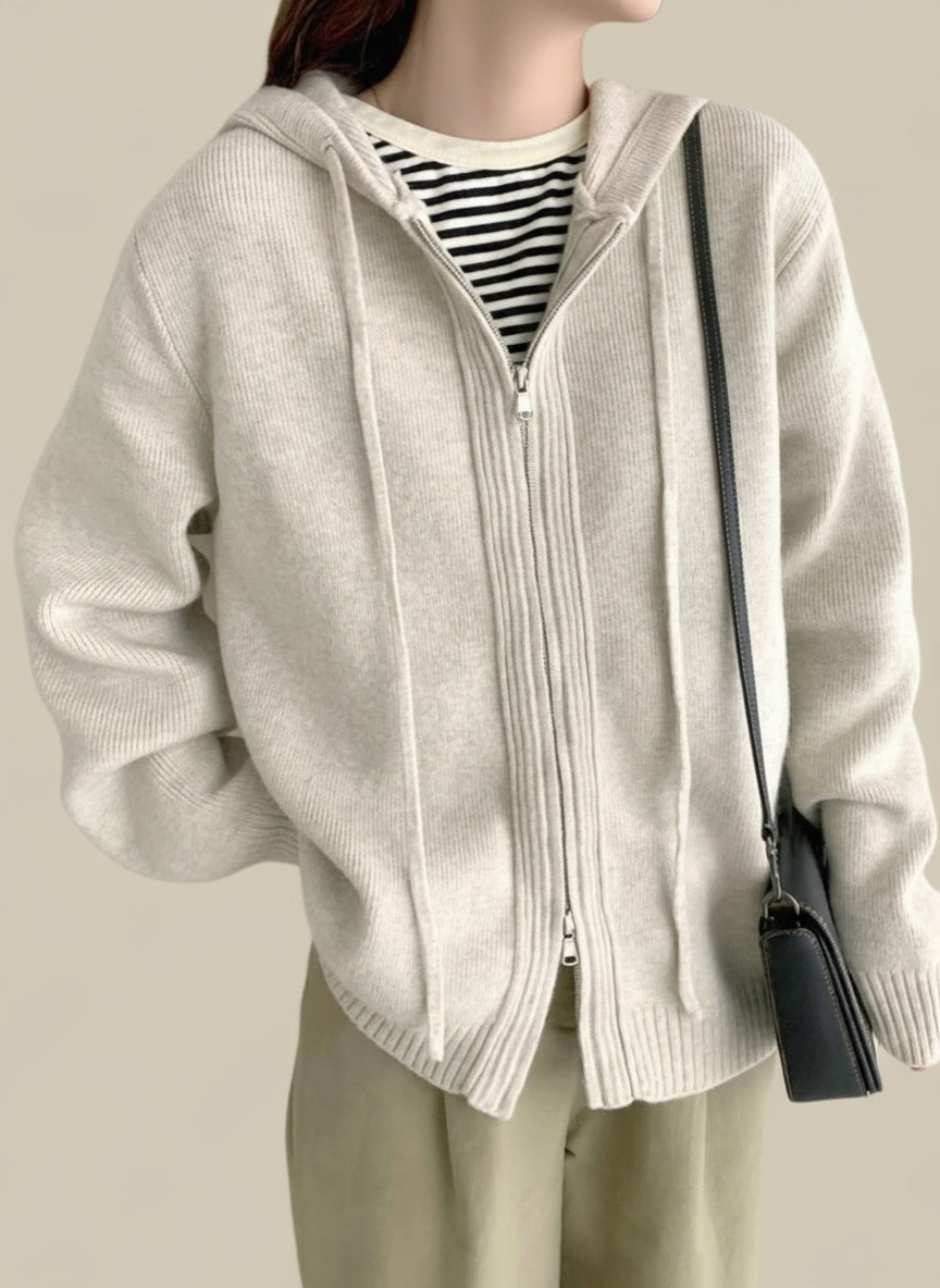 Grey Hooded Long Sleeves Solid Acrylic Open Front Jacket