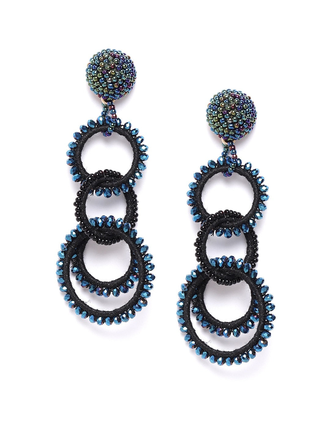 Gold-Plated Navy Blue & Black Drop Earrings