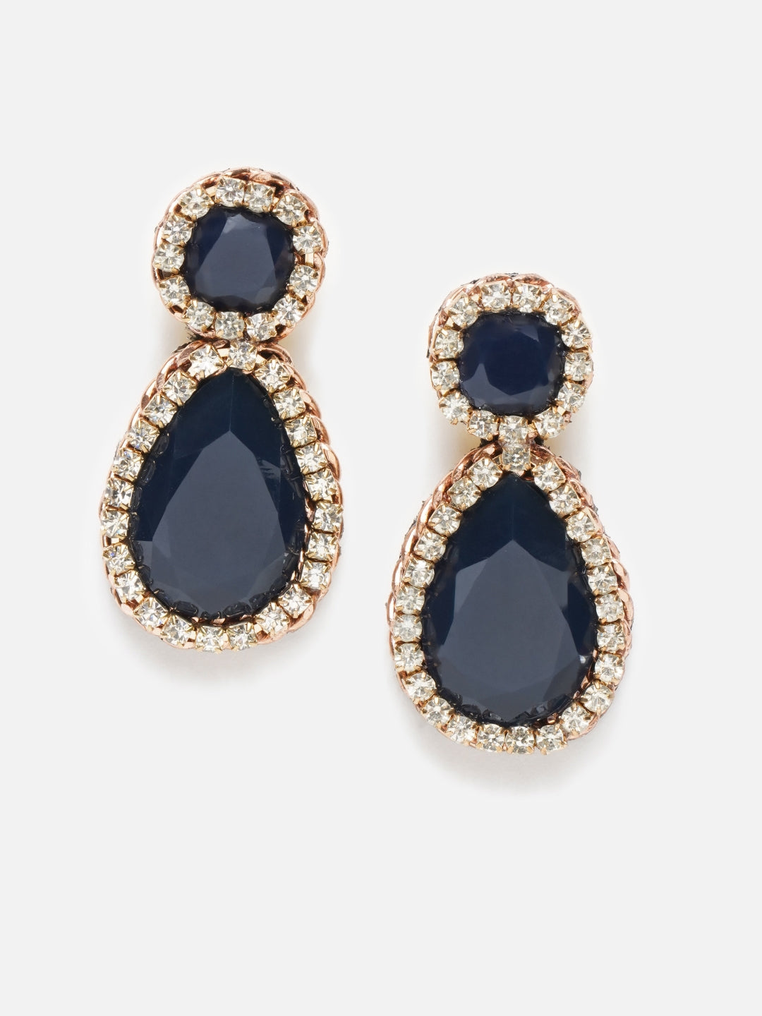 Rose Gold-Plated Navy Blue & Rose Gold Fabric Handcrafted Teardrop Shaped Drop Earrings