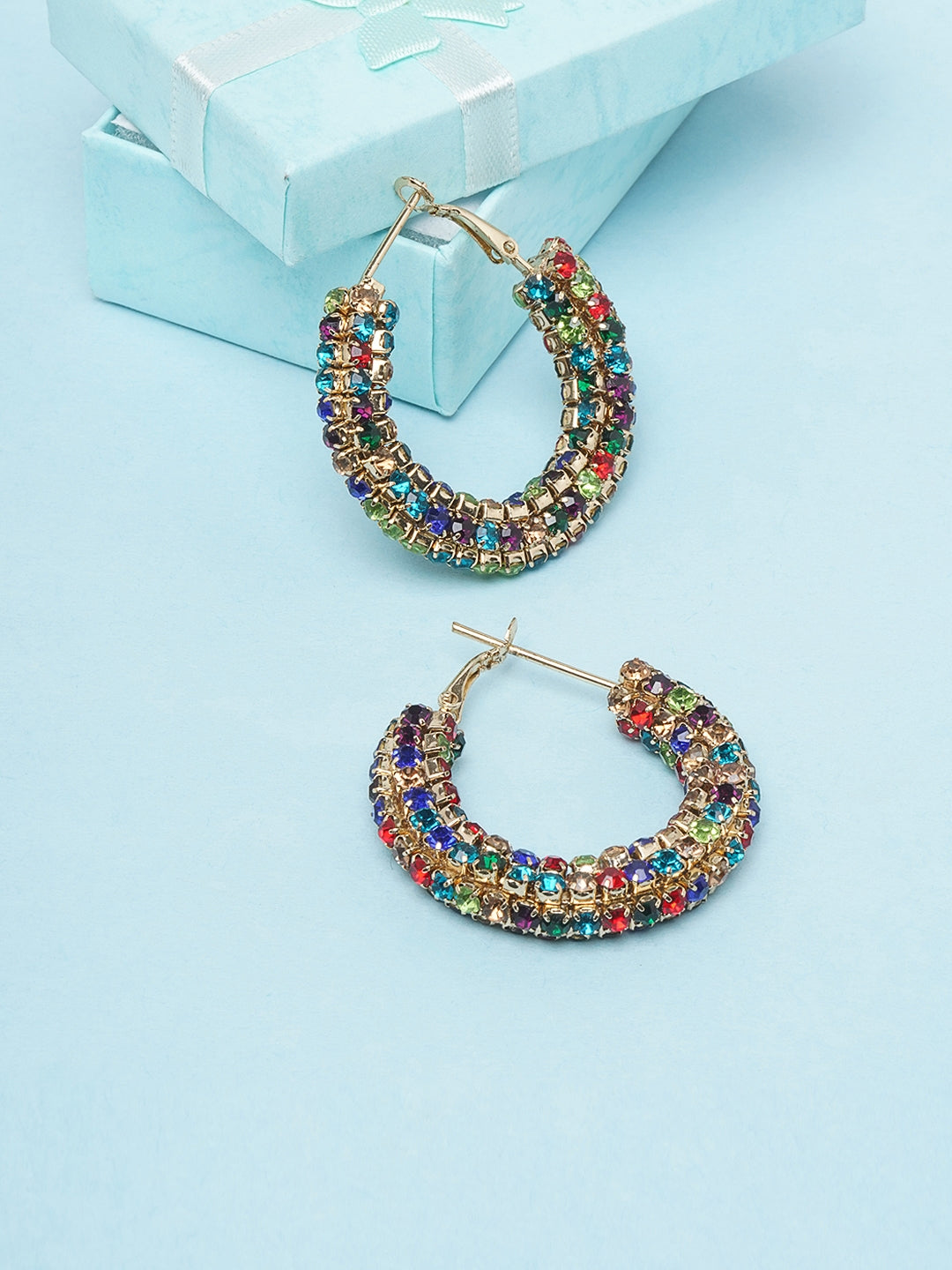 Gold-Plated Multi-Colored Stone Studded Drop Earrings