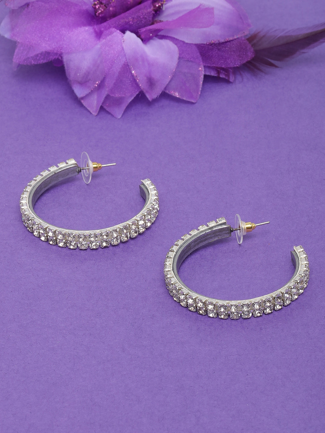 Silver-Plated Silver & Transparent Stone Studded Half Hoop Earrings