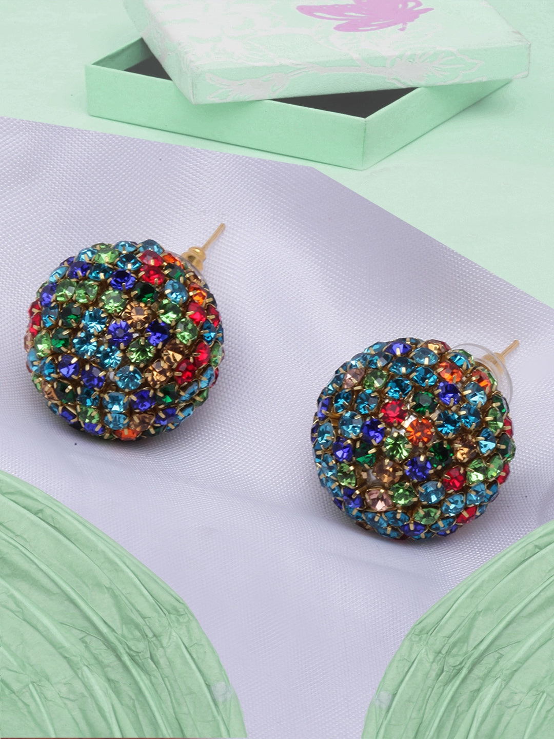 Gold-Plated Multi-Colored Stone Studded Circular Earrings
