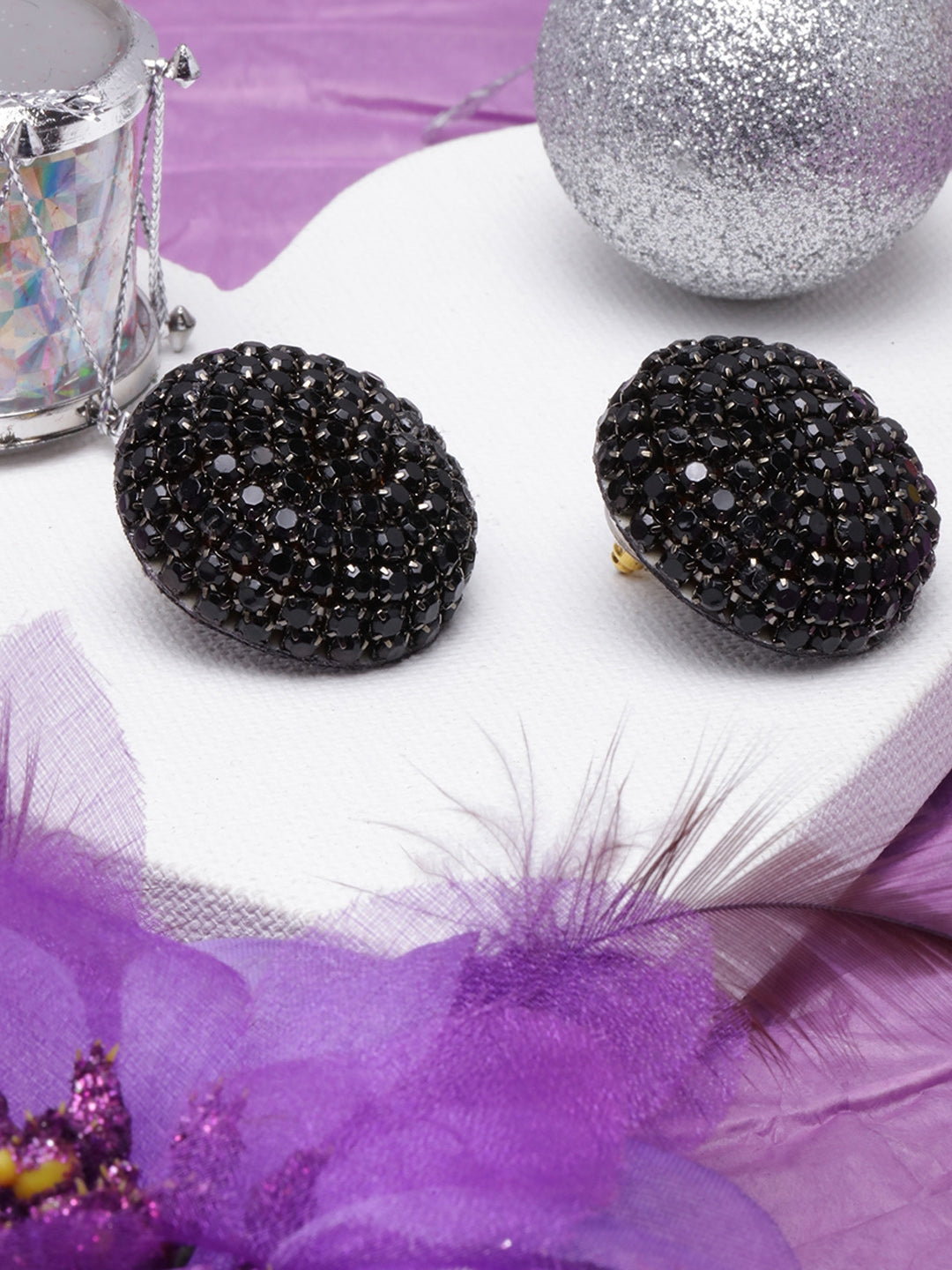 Black-Plated Black Rhinestone Studded Circular Earrings