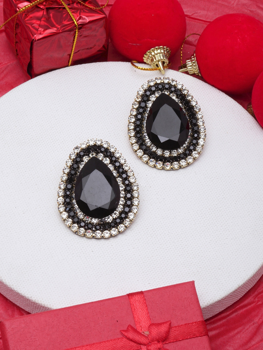 Gold-Plated Black & Transparent Rhinestone Studded Drop Shaped Studs