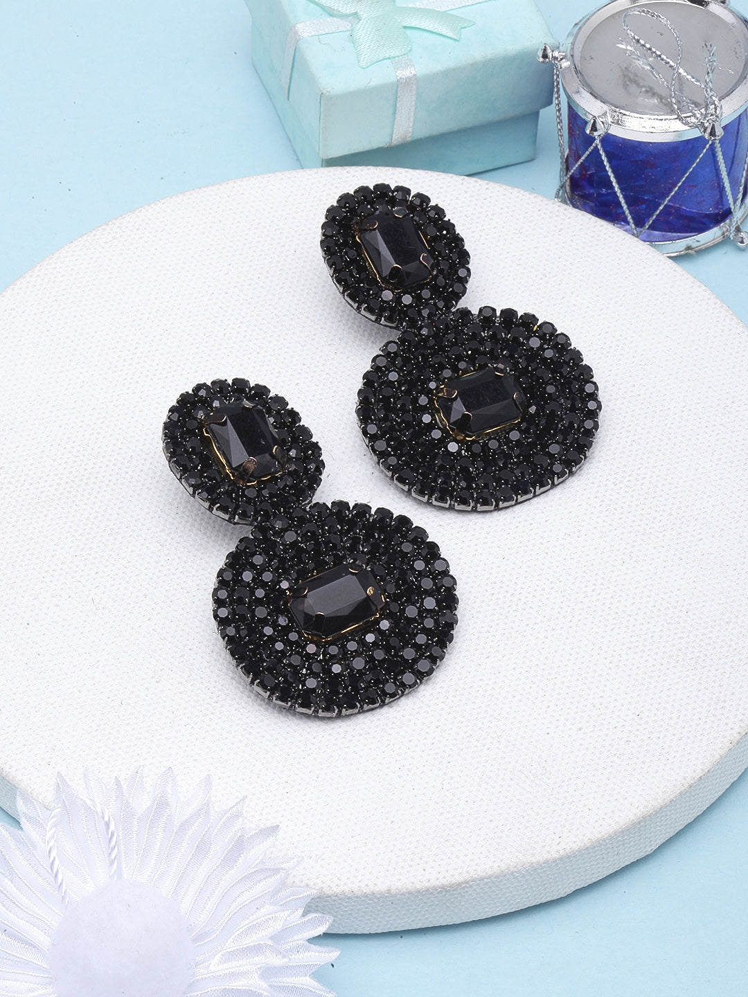 Black-Plated Rhinestone Studded Drop Earrings