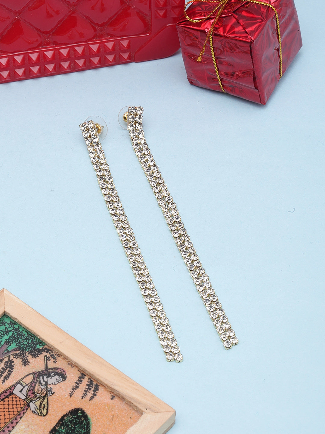 Gold-Plated Transparent Rhinestone Studded Drop Earrings