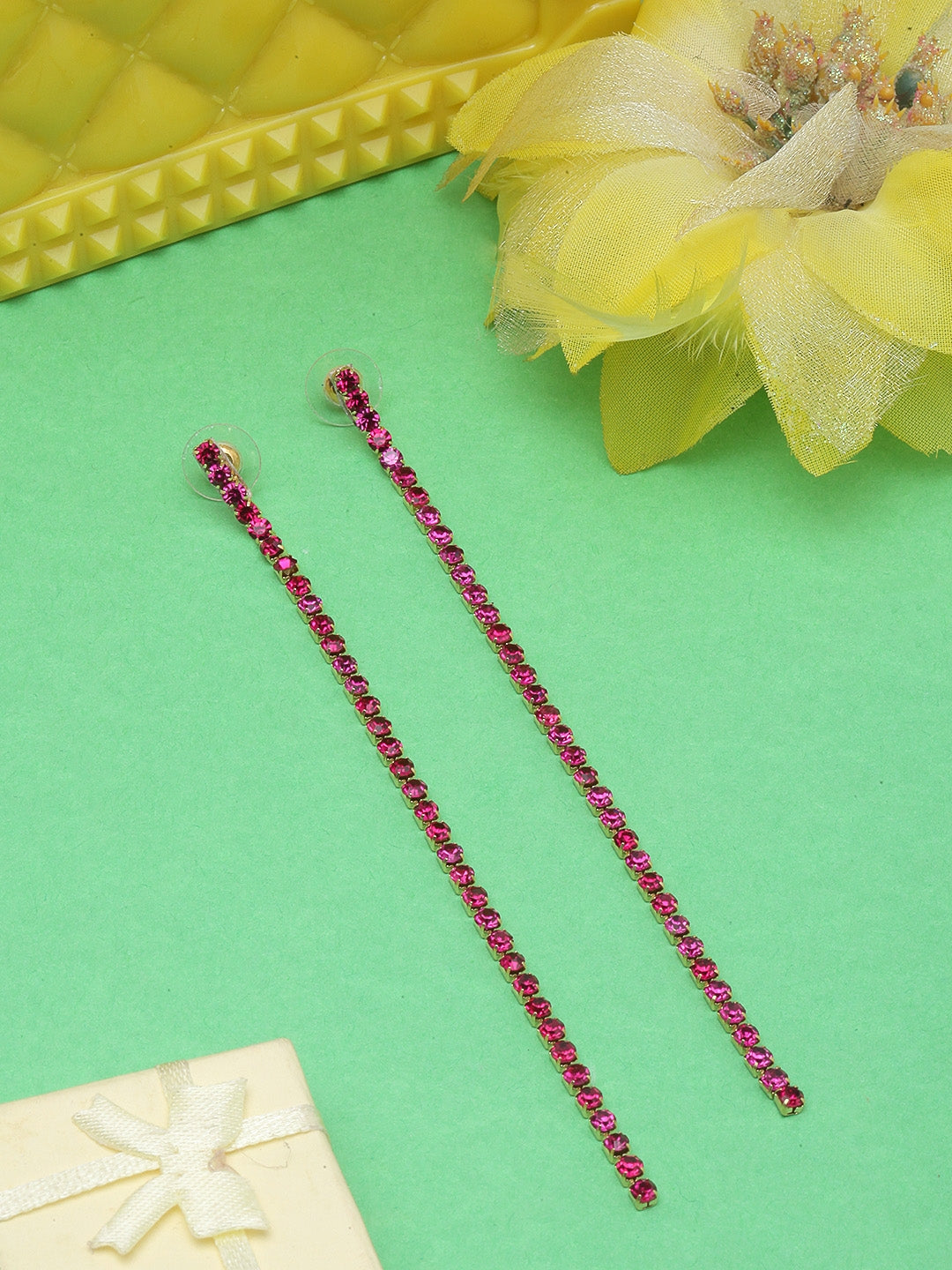 Gold-Plated Pink Rhinestone Studded Drop Earrings