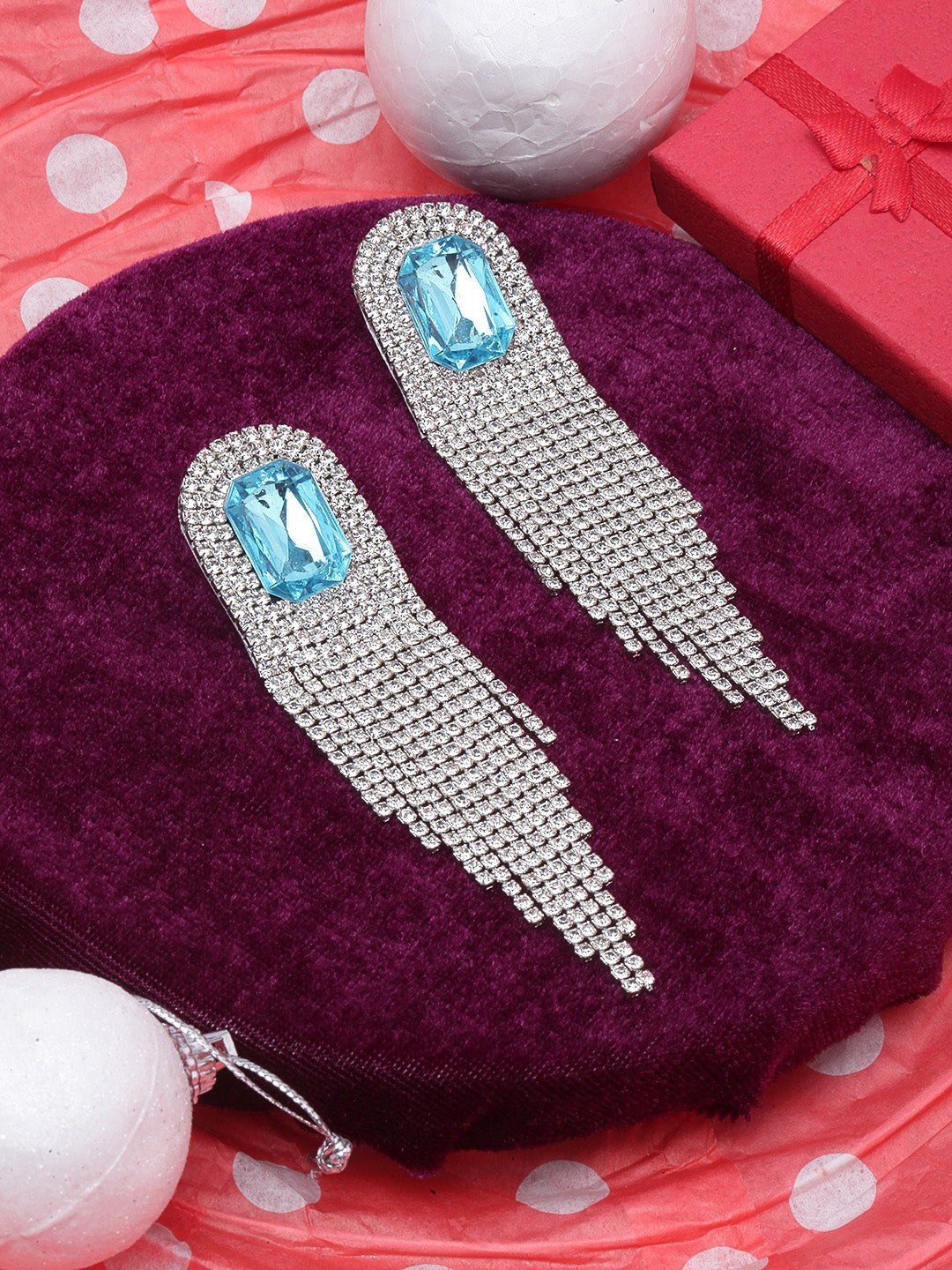 Silver-Plated Transparent Blue Rhinestone Studded Drop Earrings