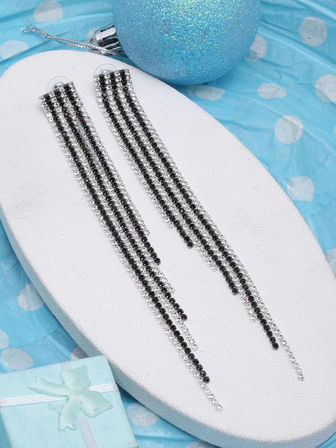 Silver-Plated Black & Transparent Rhinestone Studded Drop Earrings