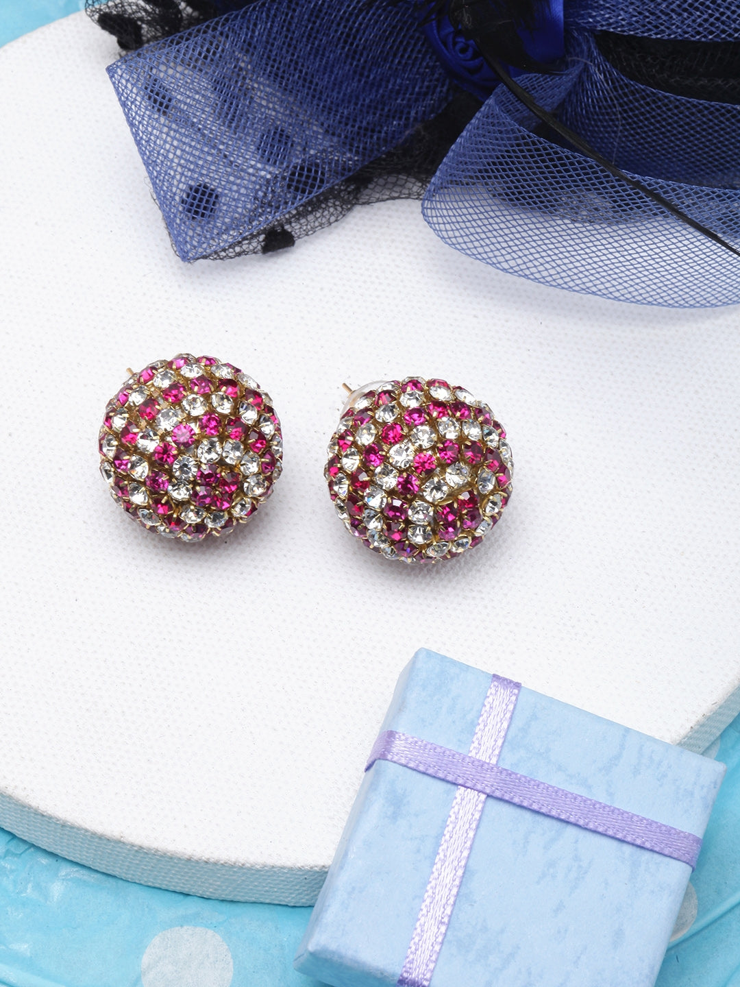 Gold-Plated Pink & Transparent Circular Rhinestone Studs