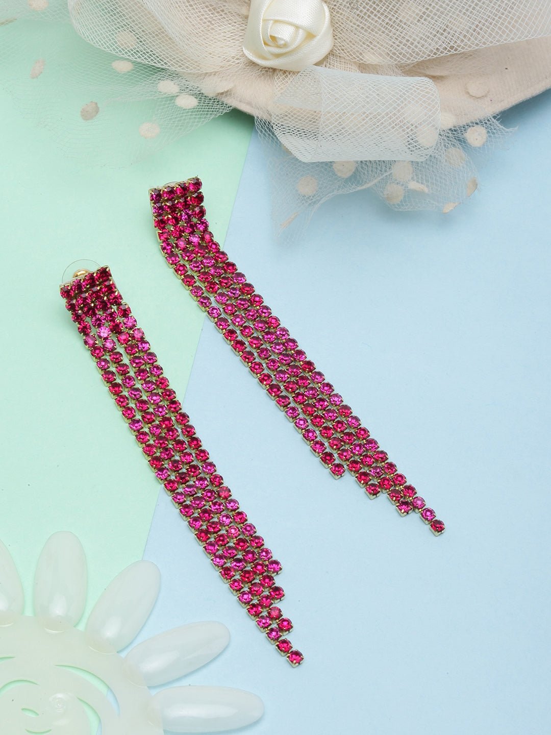 Gold-Plated Pink Rhinestone Studded Drop Earrings