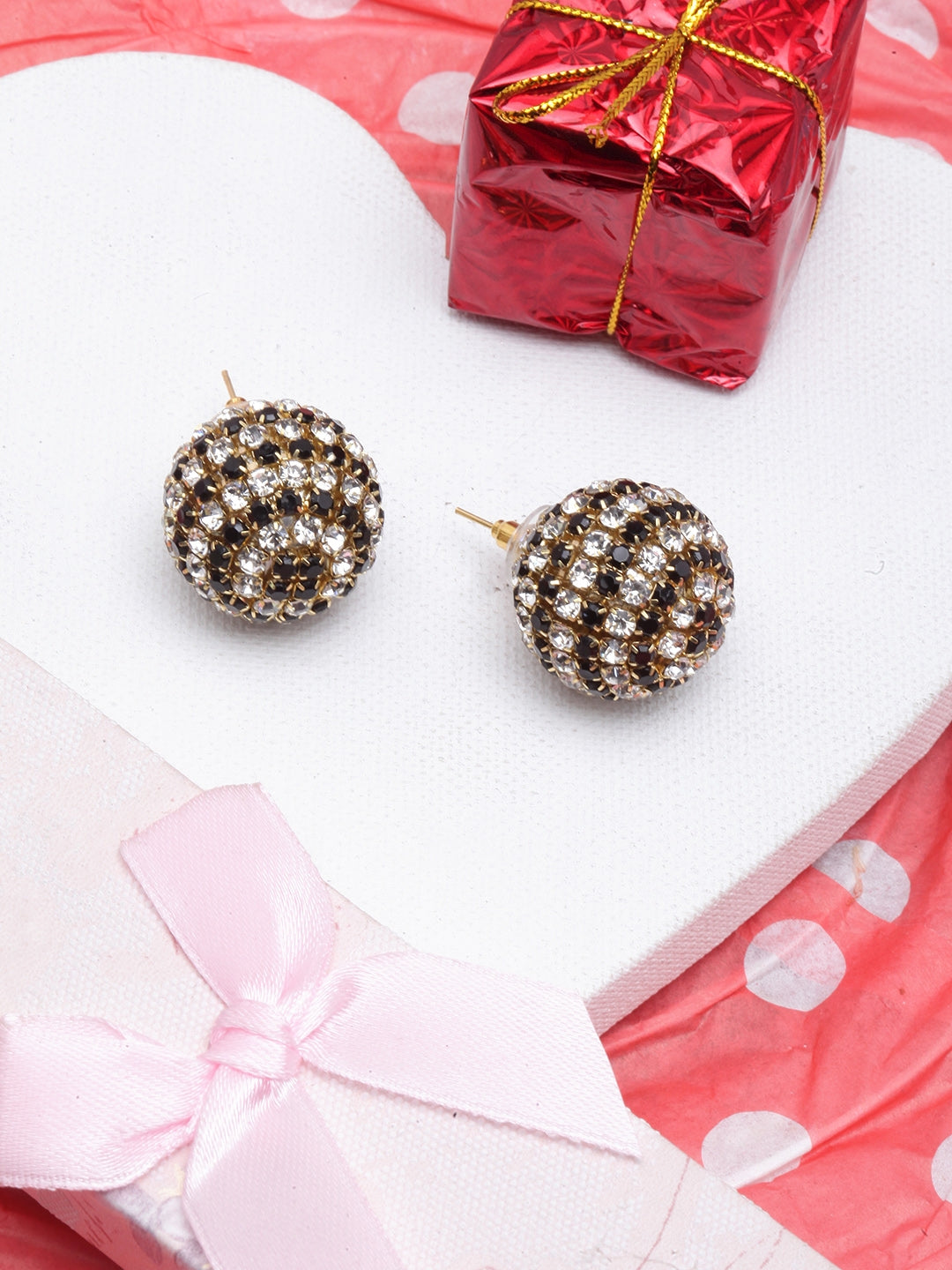 Gold-Plated Black & Transparent Circular Rhinestone Studs