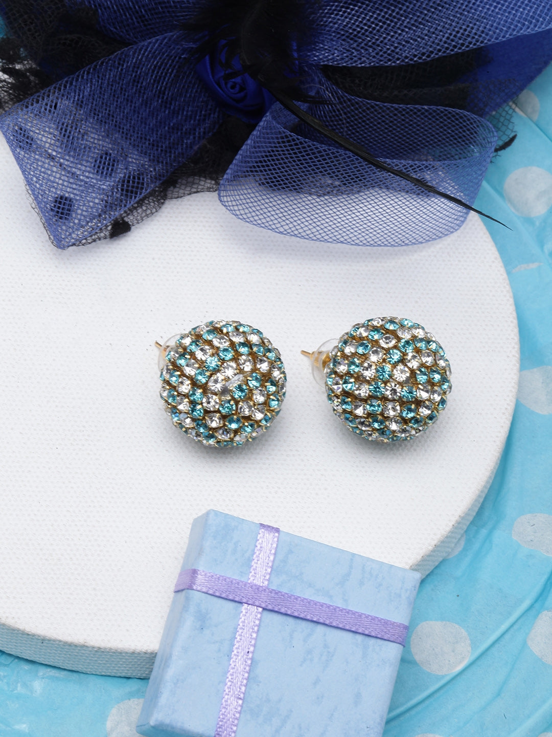 Gold-Plated Blue & Transparent Circular Rhinestone Studs