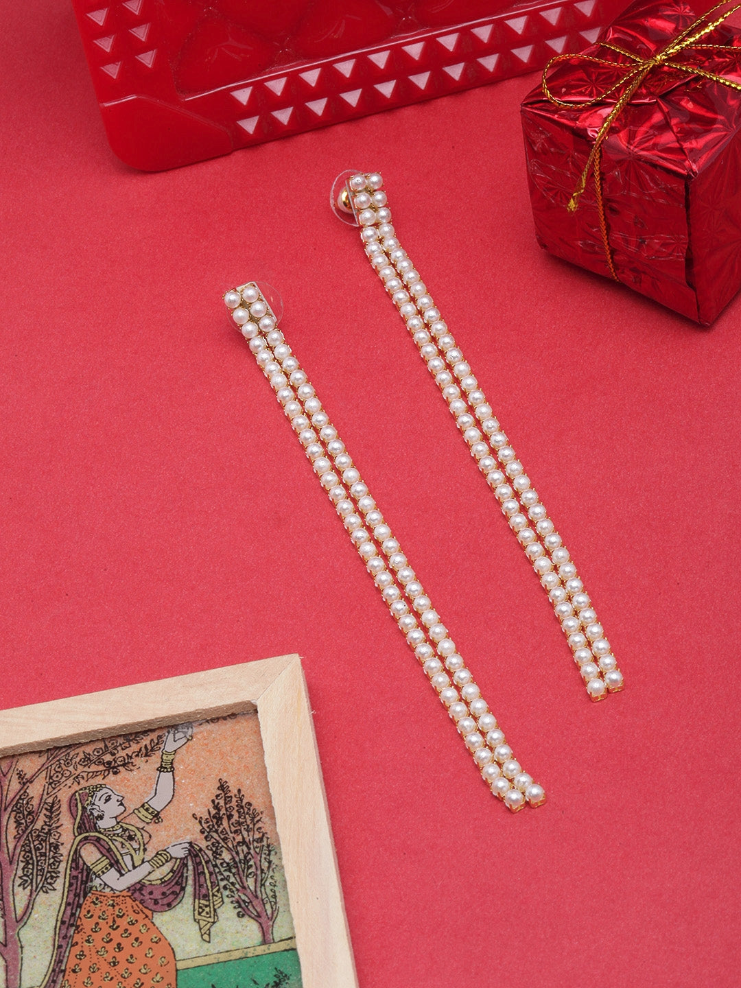 Gold-Plated White Pearls Studded Drop Earrings