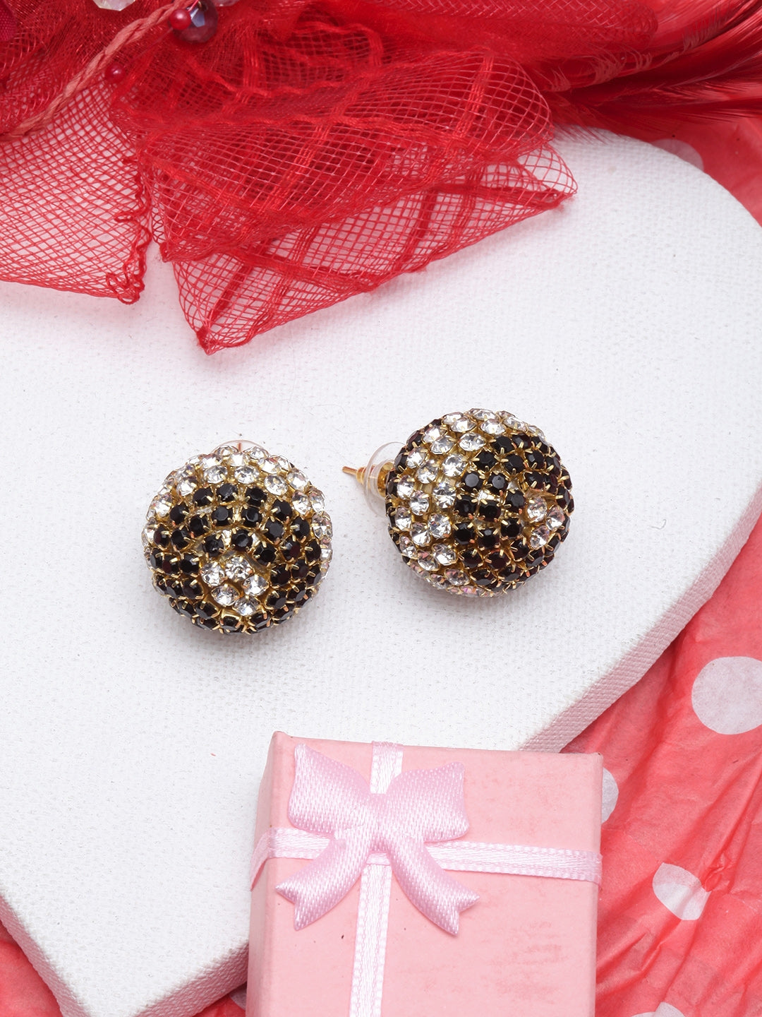 Gold-Plated Black & Transparent Circular Rhinestone Studs