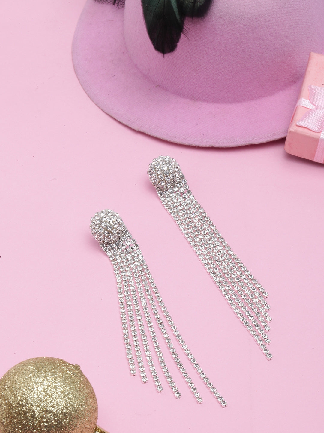 Silver-Plated Transparent Rhinestone Studded Drop Earrings